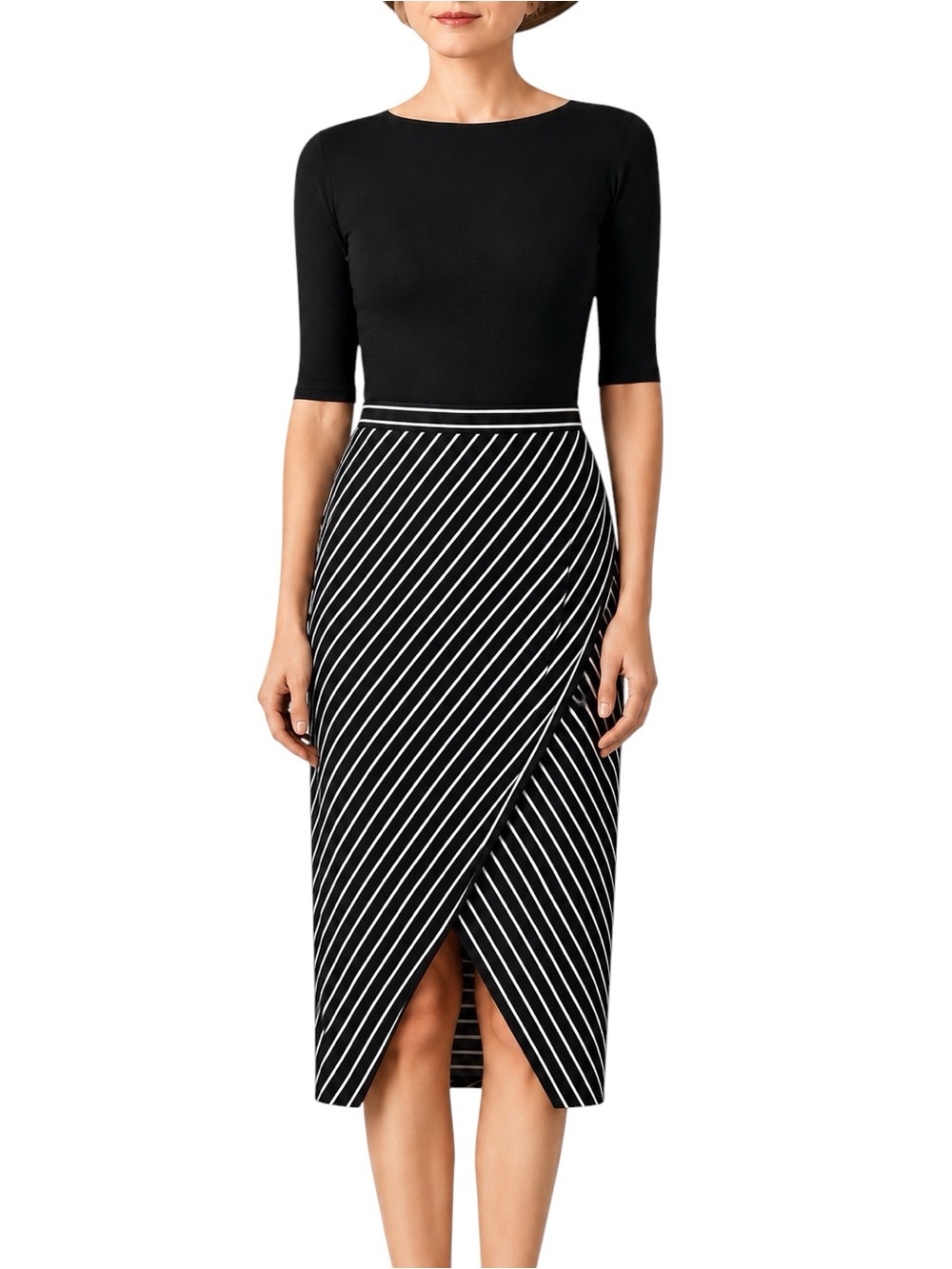 Black White Diagonal Stripe Faux-Wrap Pencil Skirt Daily Specials Women’s Large